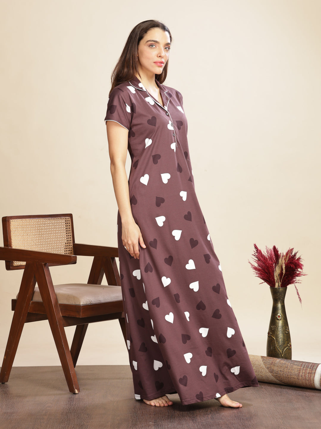 Violet Star Printed Maxi Nighty with Breathable Fabric and Elegant Fit