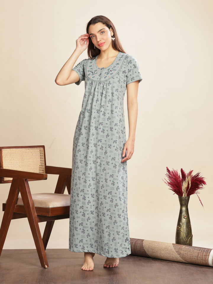 Olive Green Cotton Blend Designer Nighty with Floral Embroidery