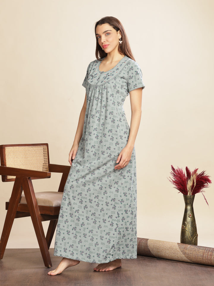 Olive Green Cotton Blend Designer Nighty with Floral Embroidery