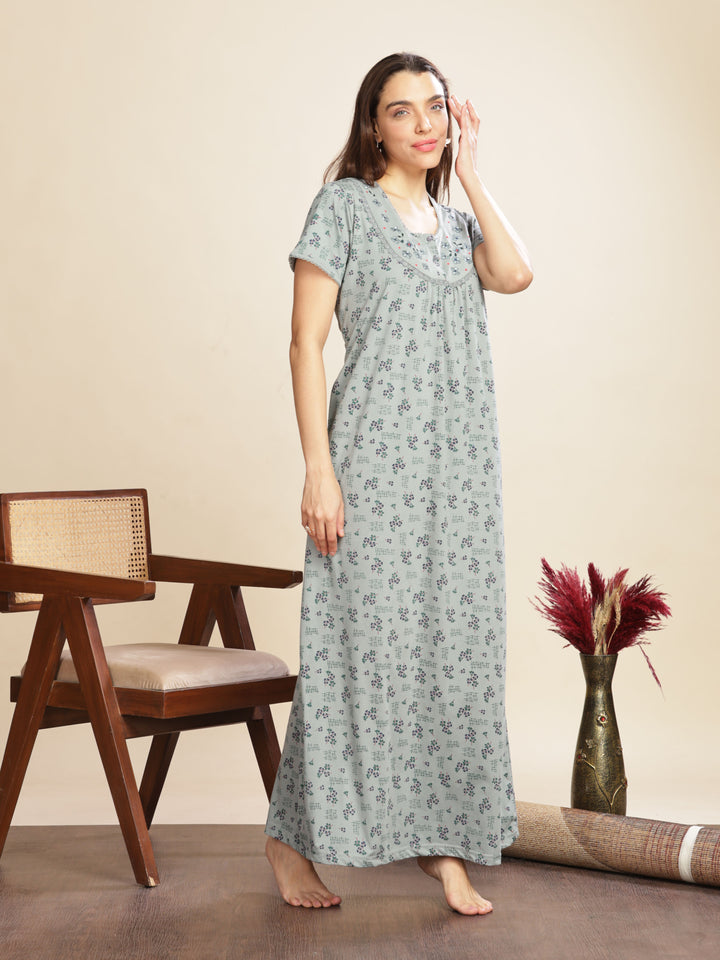 Olive Green Cotton Blend Designer Nighty with Floral Embroidery