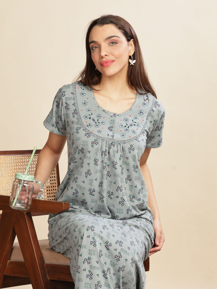 Olive Green Cotton Blend Designer Nighty with Floral Embroidery