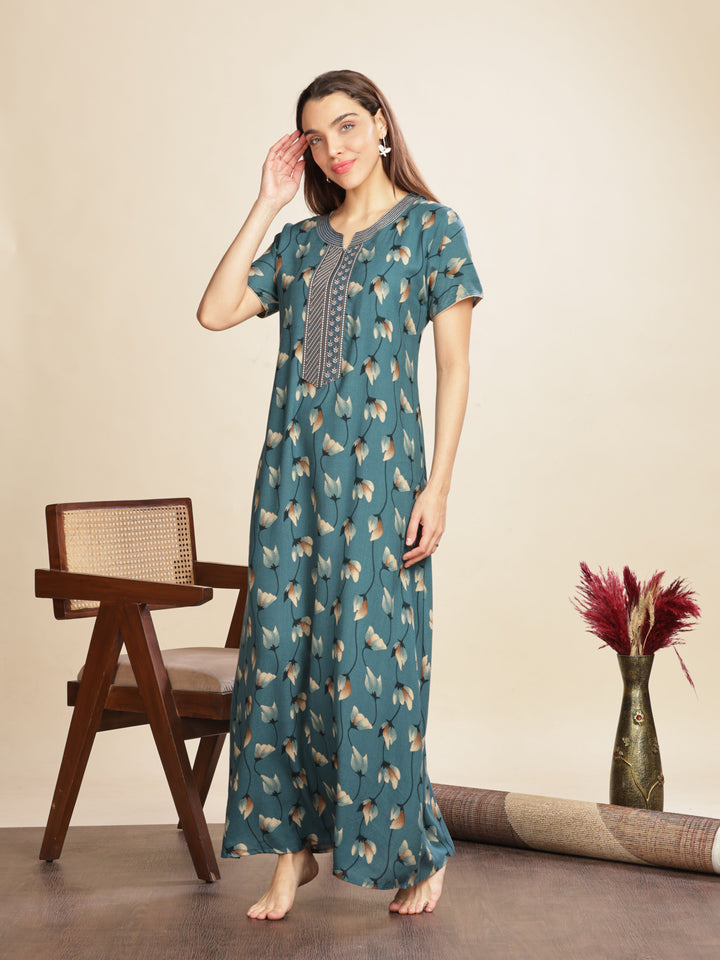 Arabian Green Floral A-Line Maxi Nighty For Women