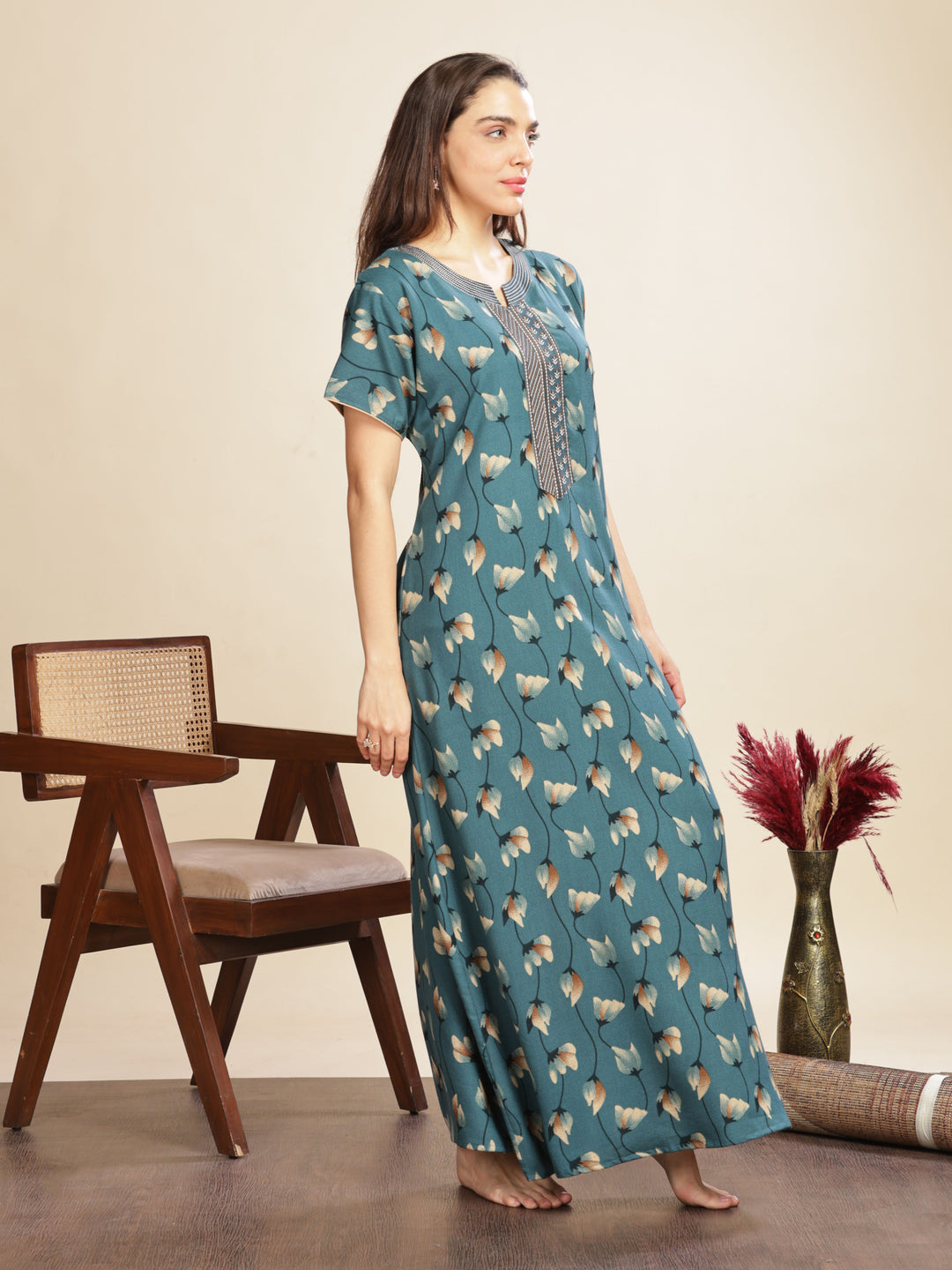 Arabian Green Floral A-Line Maxi Nighty For Women