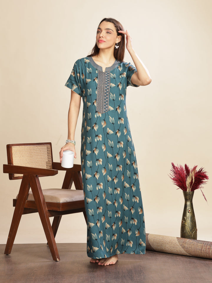 Arabian Green Floral A-Line Maxi Nighty For Women