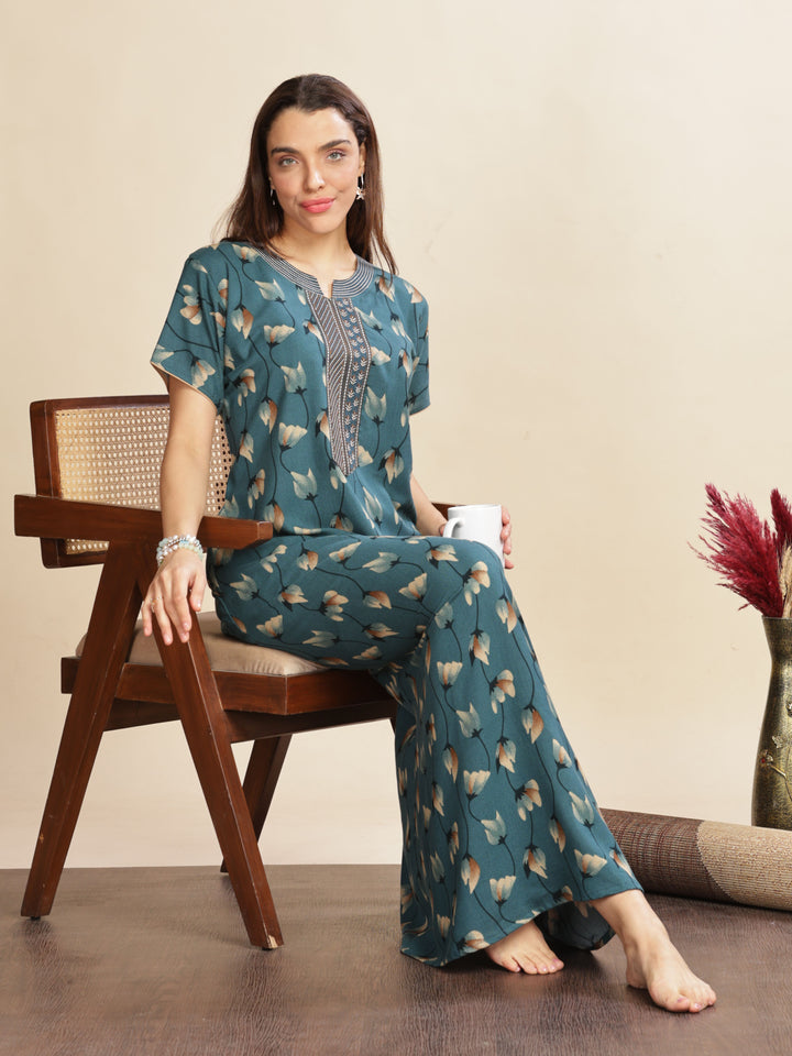 Arabian Green Floral A-Line Maxi Nighty For Women