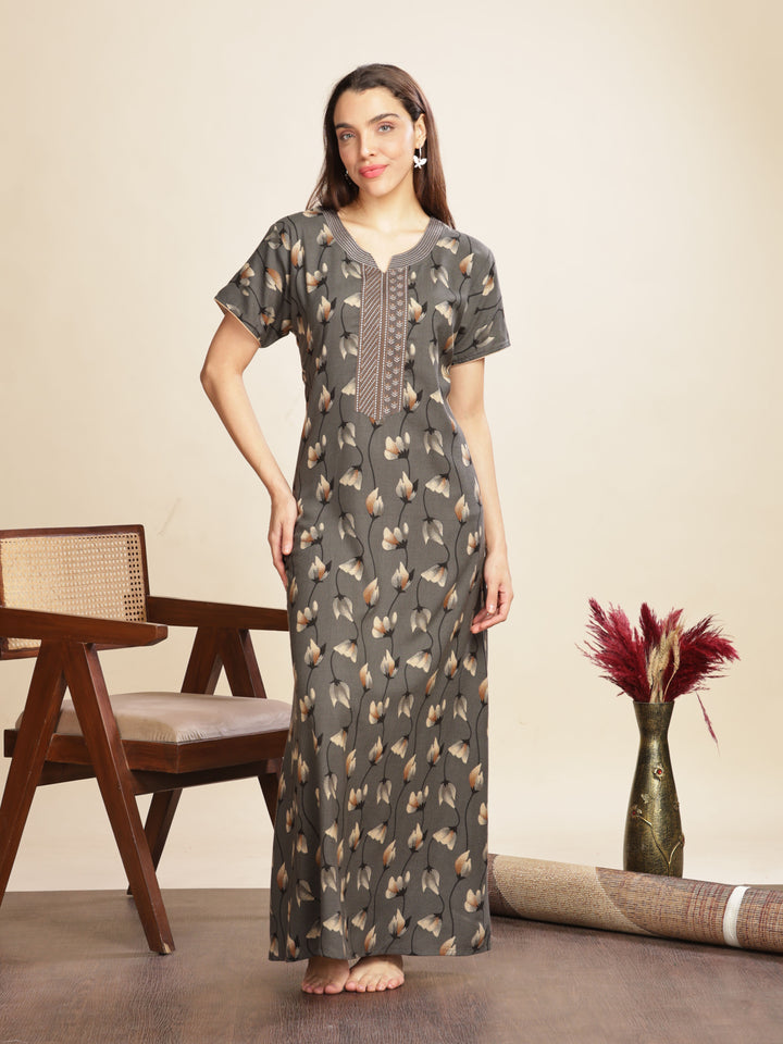 Iron Grey Floral Nightdress For Women with Pocket 