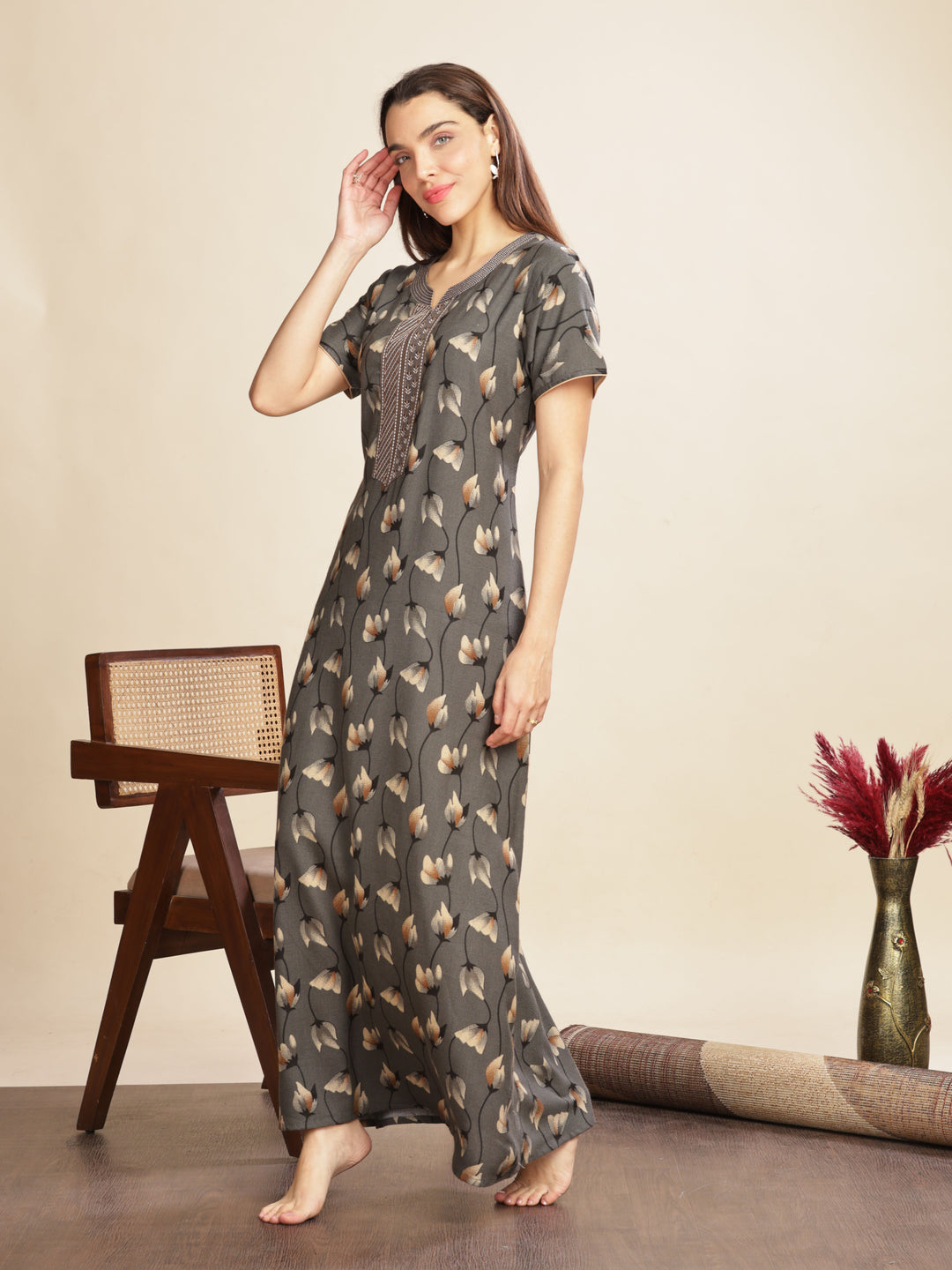 Iron Grey Floral Nightdress For Women with Pocket 