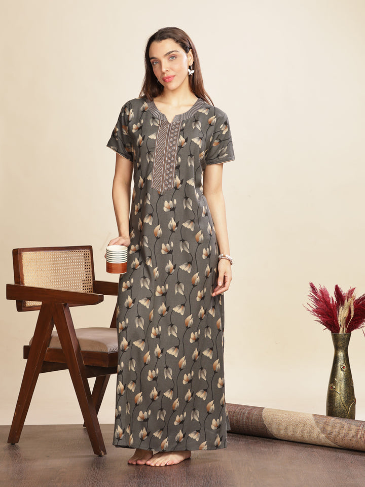 Iron Grey Floral Nightdress For Women with Pocket 