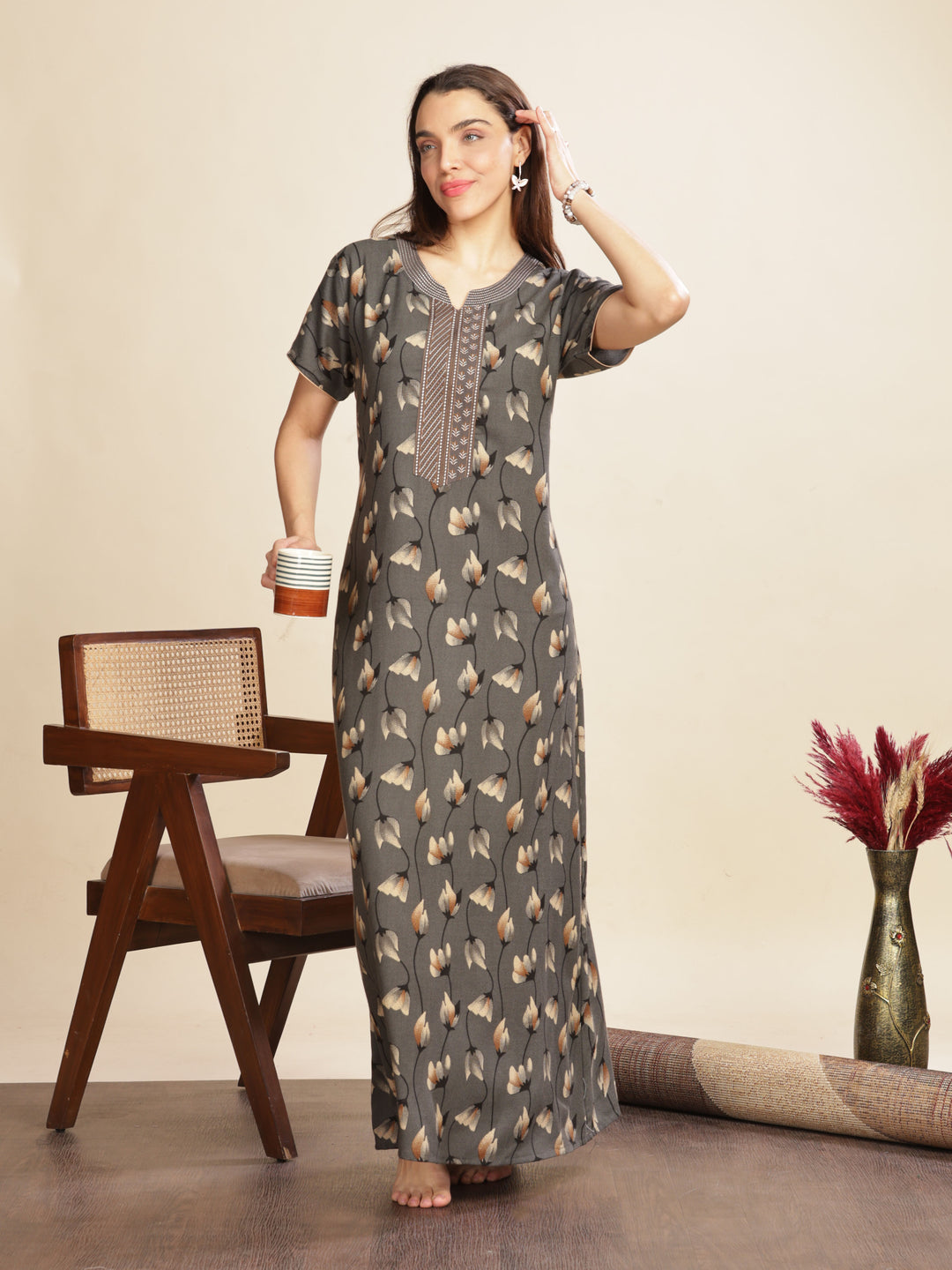 Iron Grey Floral Nightdress For Women with Pocket 