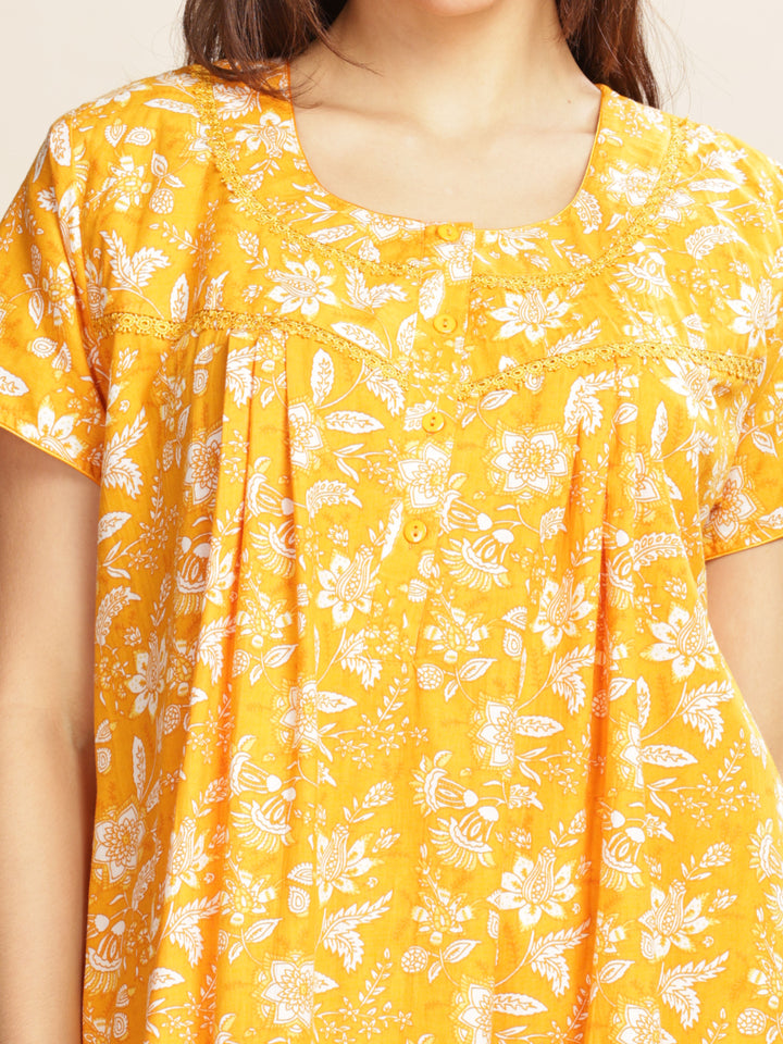 Yellow Cotton Floral Nighty for Women with Pockets