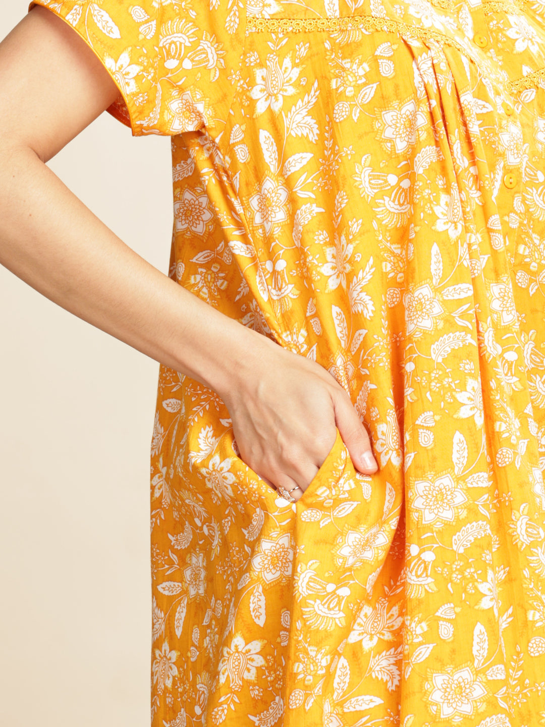 Yellow Cotton Floral Nighty for Women with Pockets