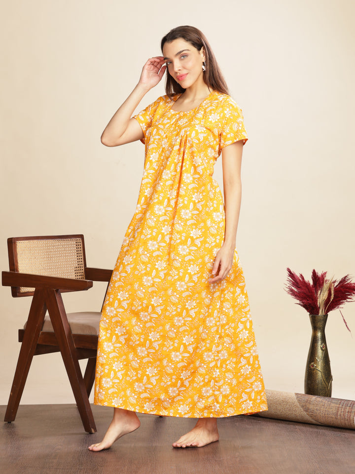 Yellow Cotton Floral Nighty for Women with Pockets