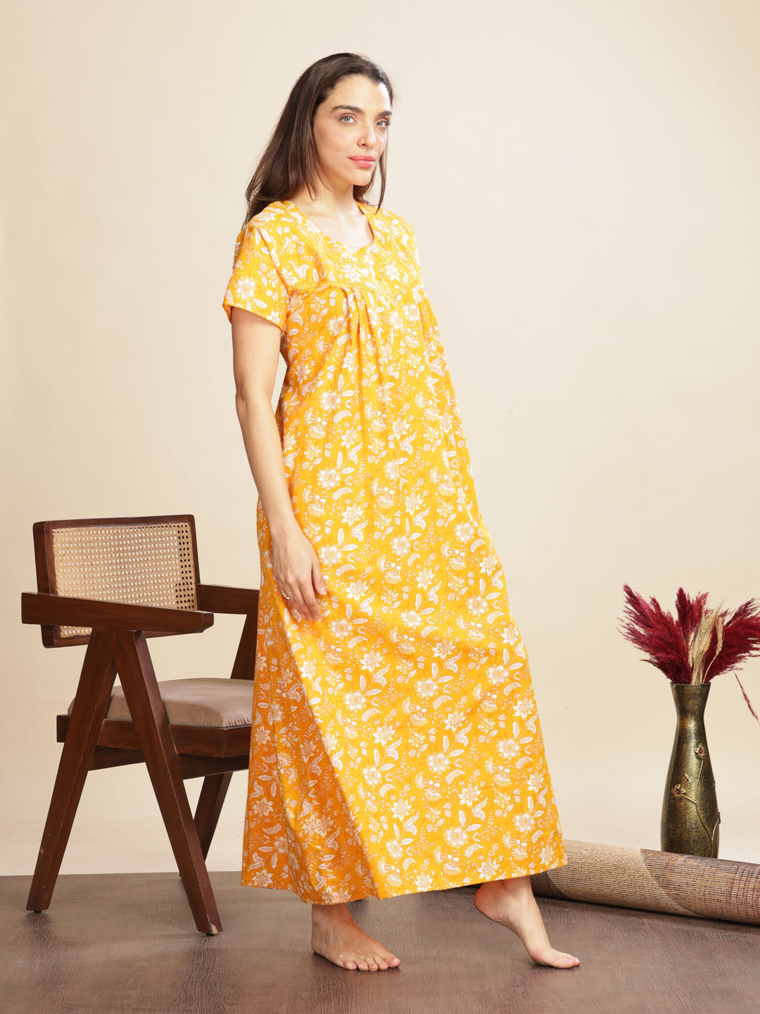 Yellow Cotton Floral Nighty for Women with Pockets