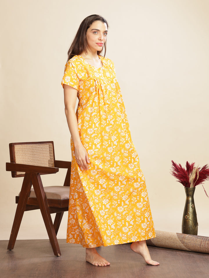 Yellow Cotton Floral Nighty for Women with Pockets