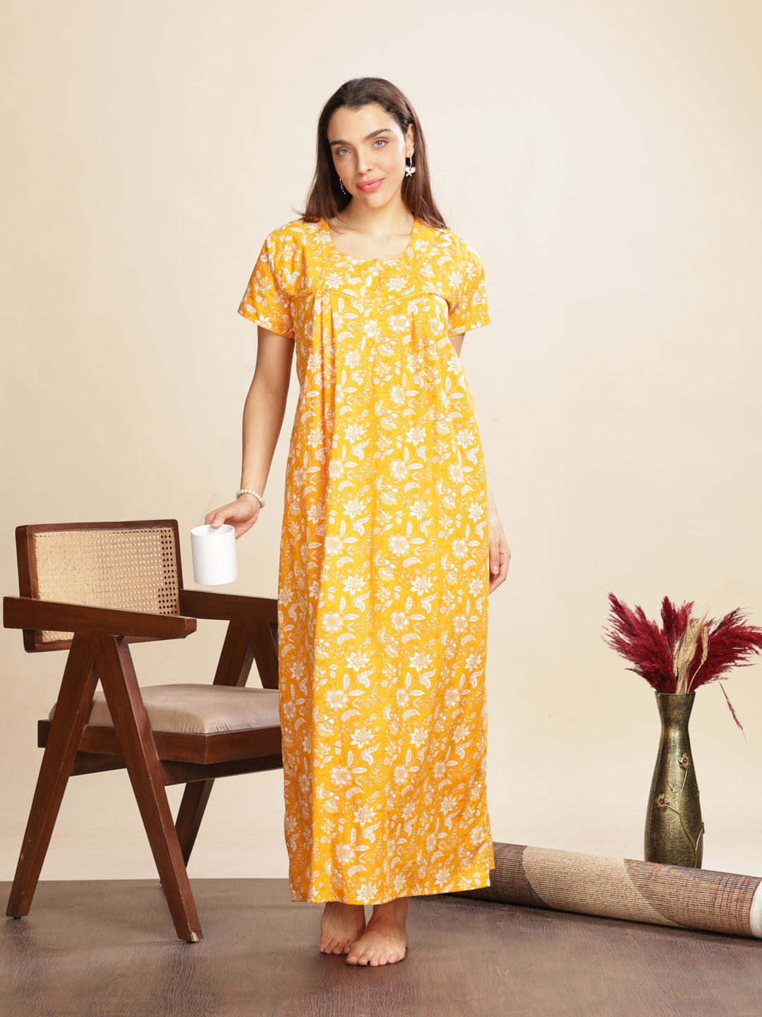 Yellow Cotton Floral Nighty for Women with Pockets