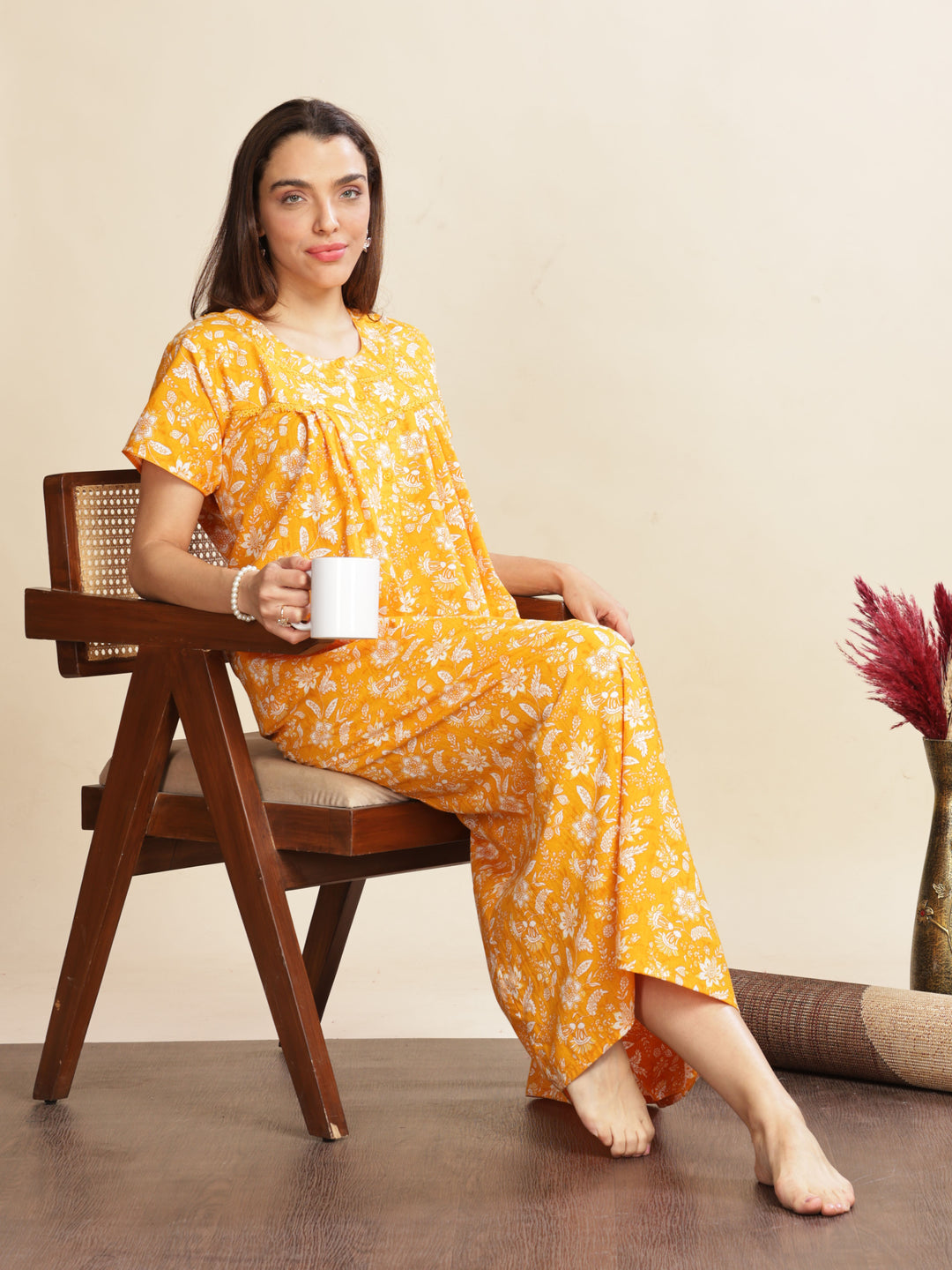 Yellow Cotton Floral Nighty for Women with Pockets