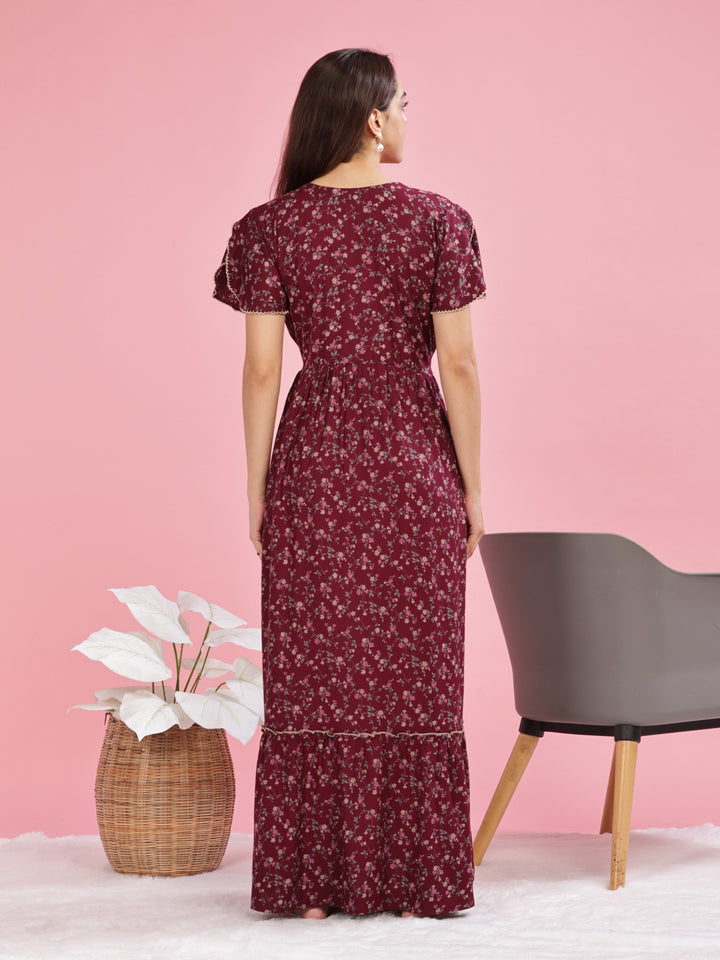 Relaxing Maroon Floral Maxi Dress for Women Online 