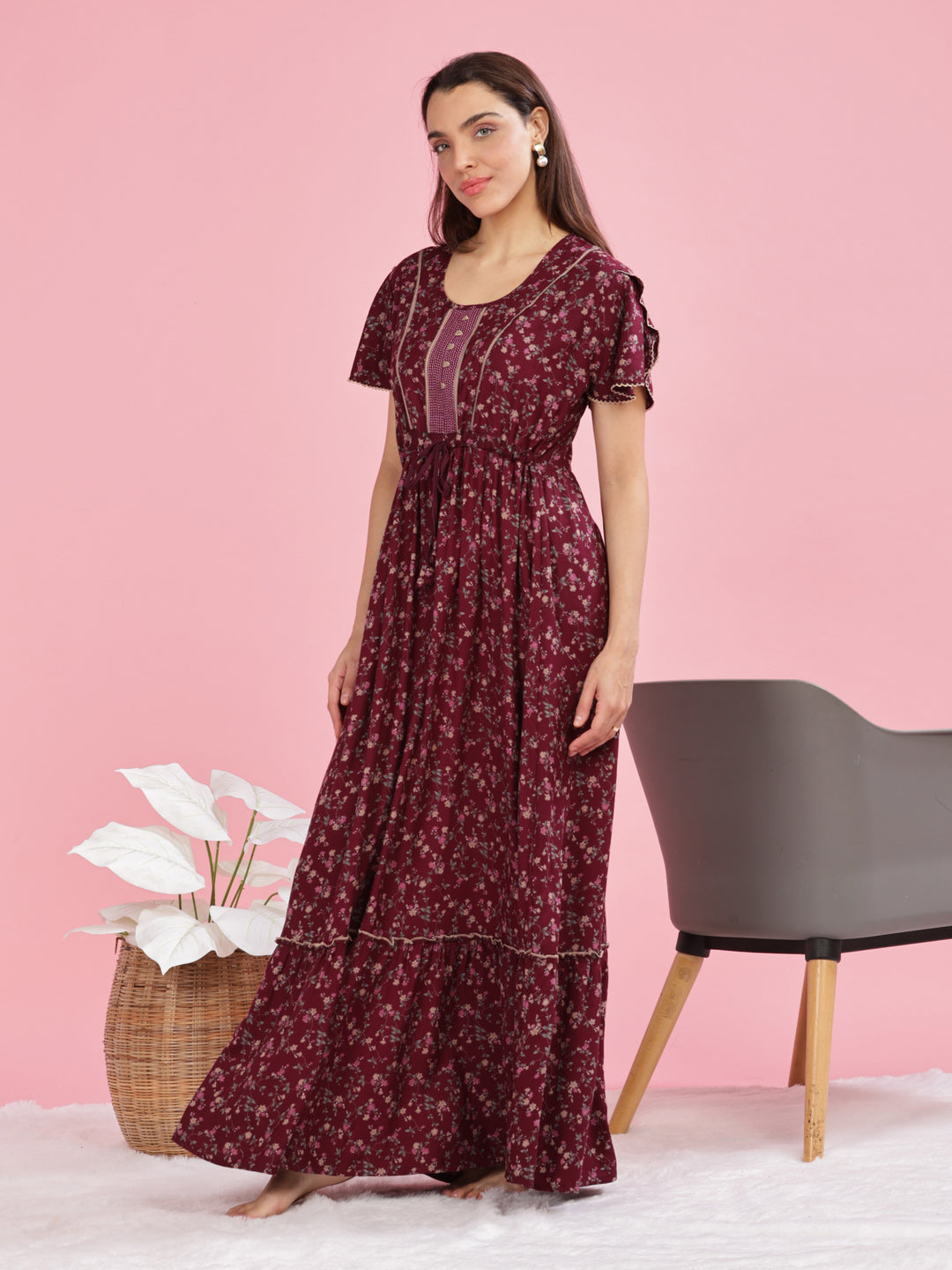 Relaxing Maroon Floral Maxi Dress for Women Online 