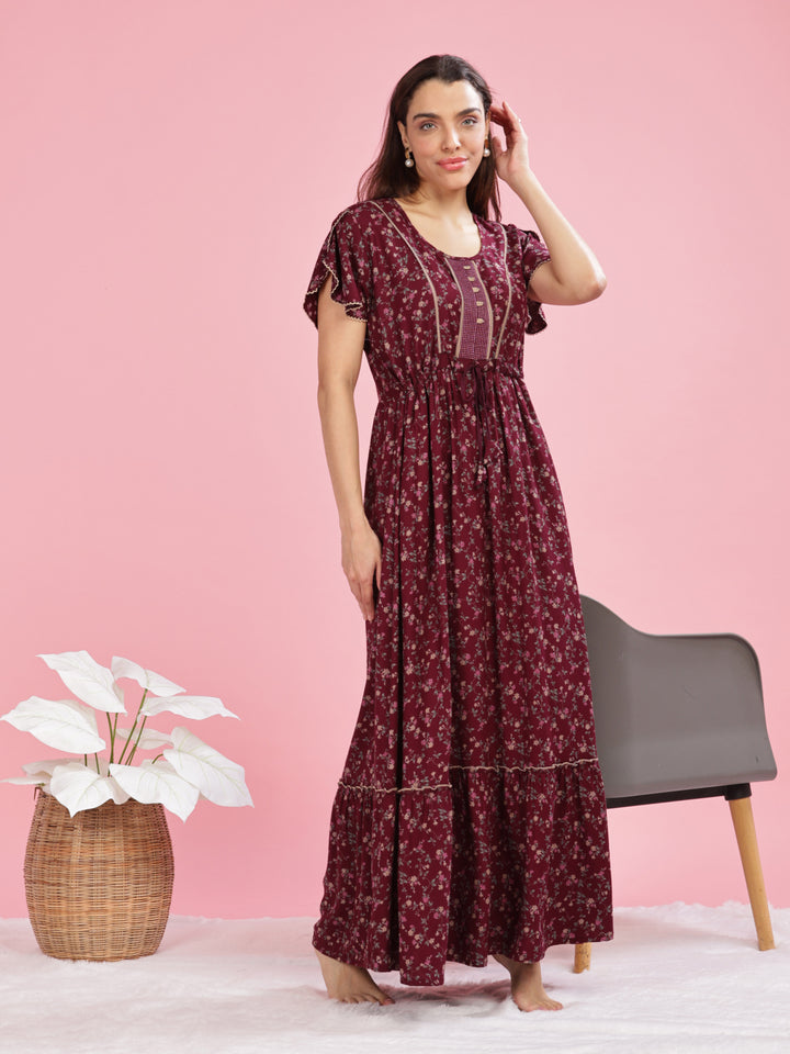 Relaxing Maroon Floral Maxi Dress for Women Online 