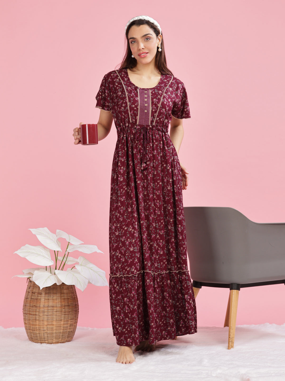 Relaxing Maroon Floral Maxi Dress for Women Online 