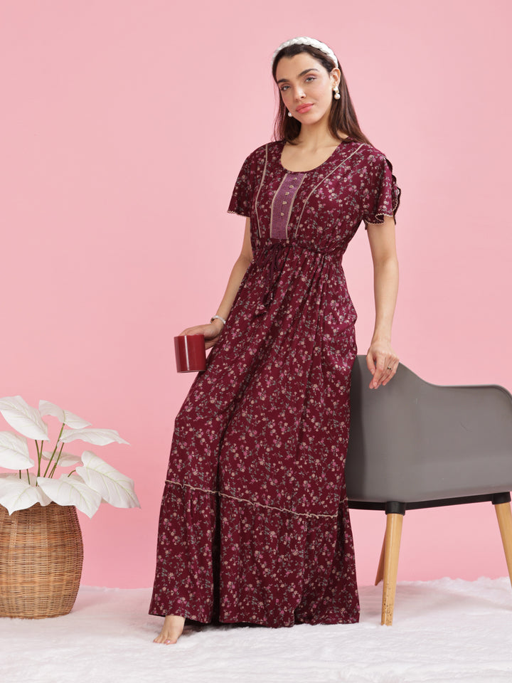 Relaxing Maroon Floral Maxi Dress for Women Online 