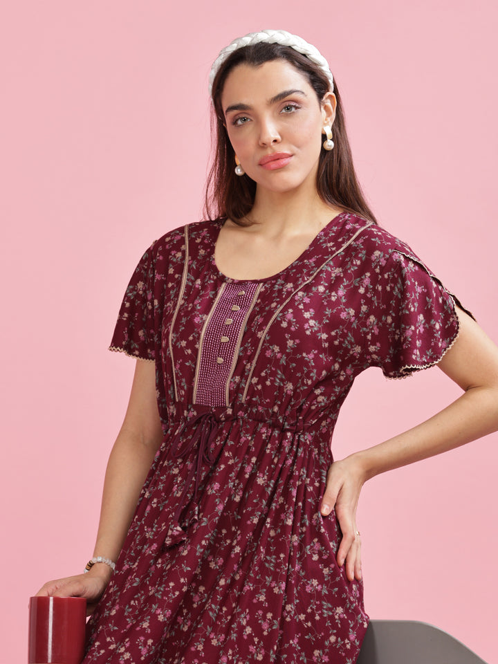 Relaxing Maroon Floral Maxi Dress for Women Online 