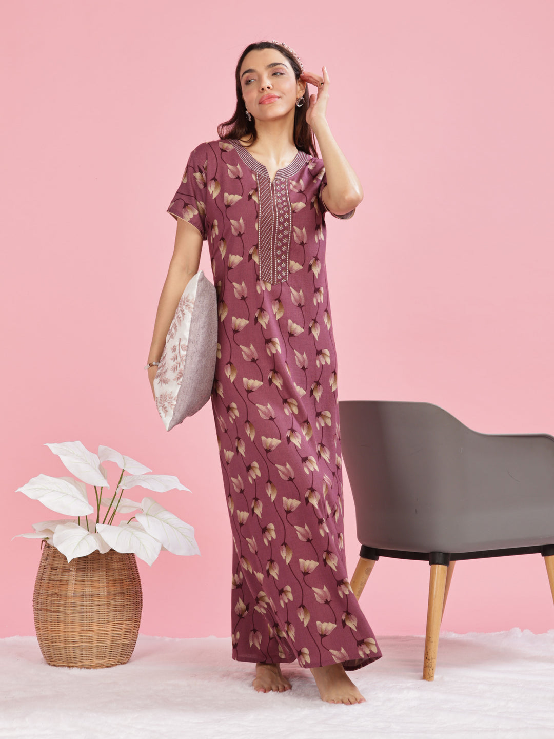 Berry Wine Printed Short Sleeves Nightdress For Women