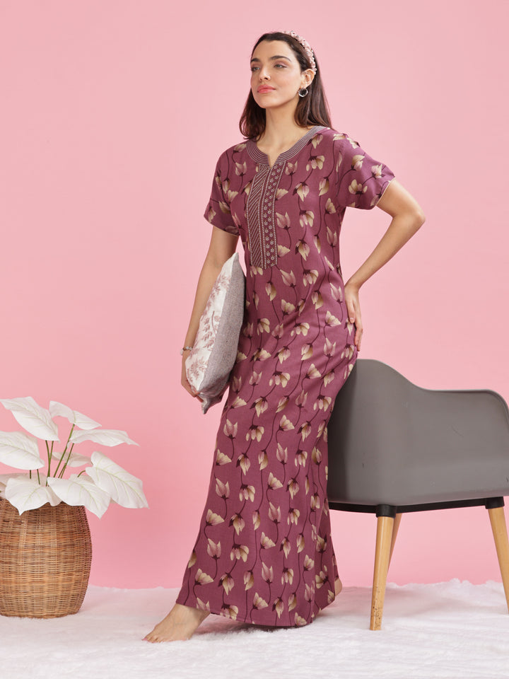 Berry Wine Printed Short Sleeves Nightdress For Women