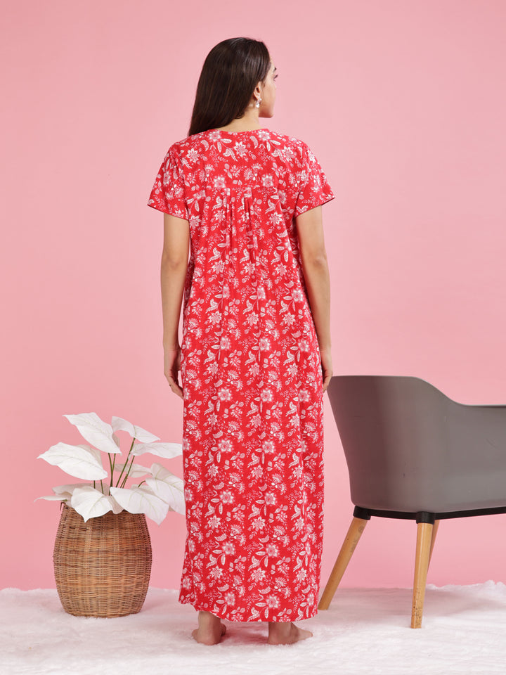 Red Printed Cotton Nighty for Women with Front Buttons