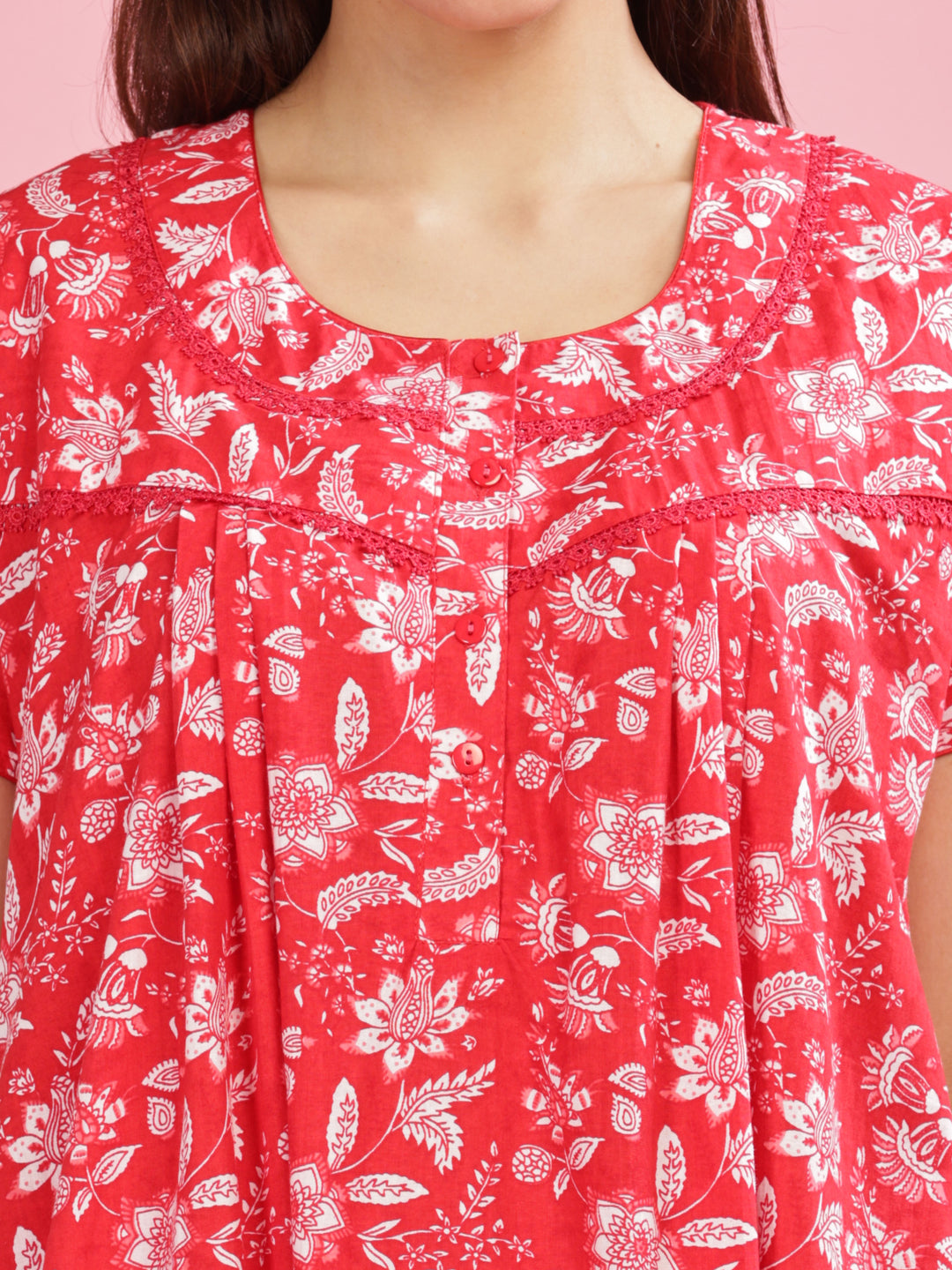 Red Printed Cotton Nighty for Women with Front Buttons