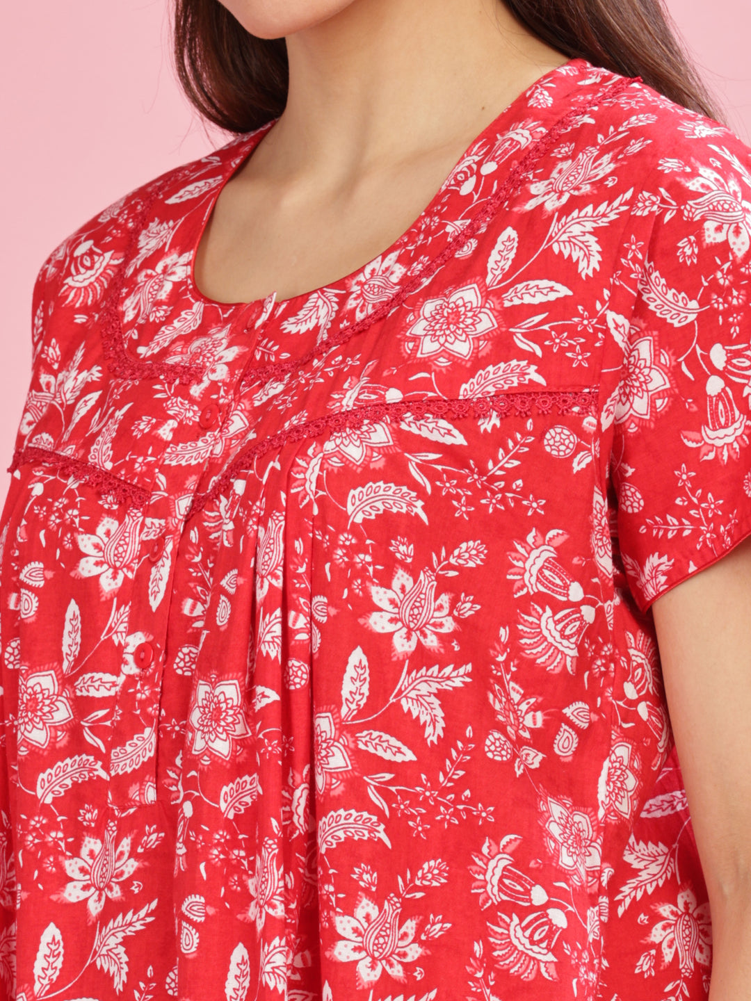 Red Printed Cotton Nighty for Women with Front Buttons