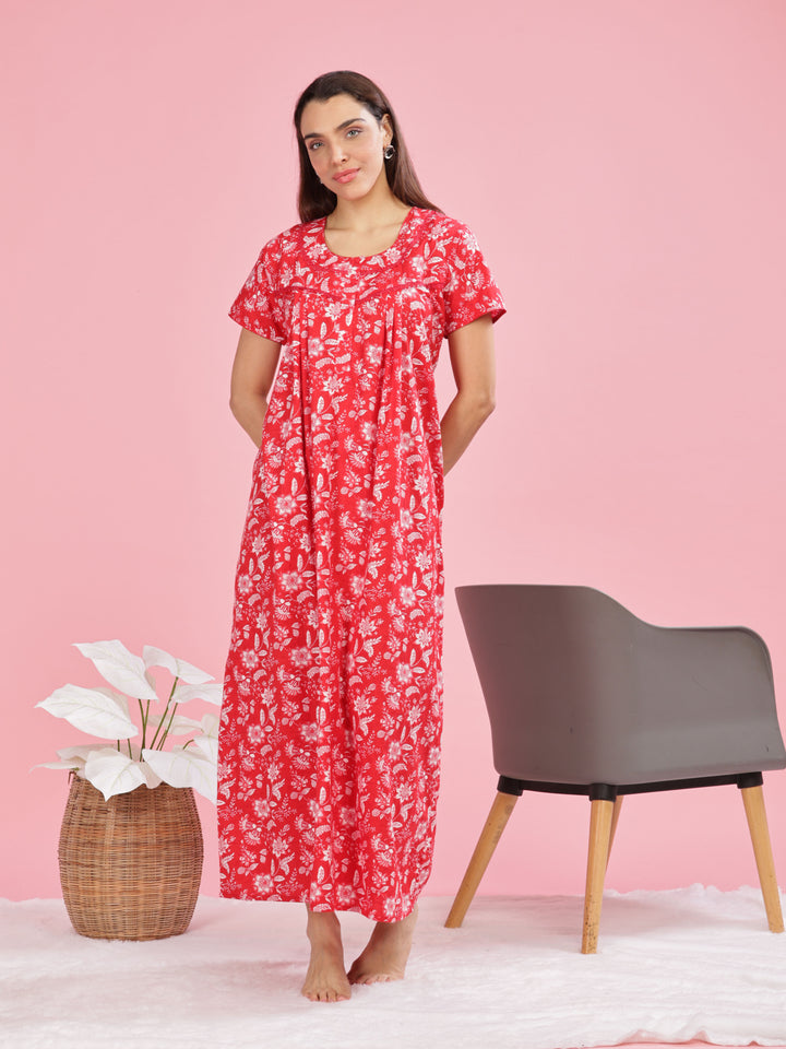 Red Printed Cotton Nighty for Women with Front Buttons