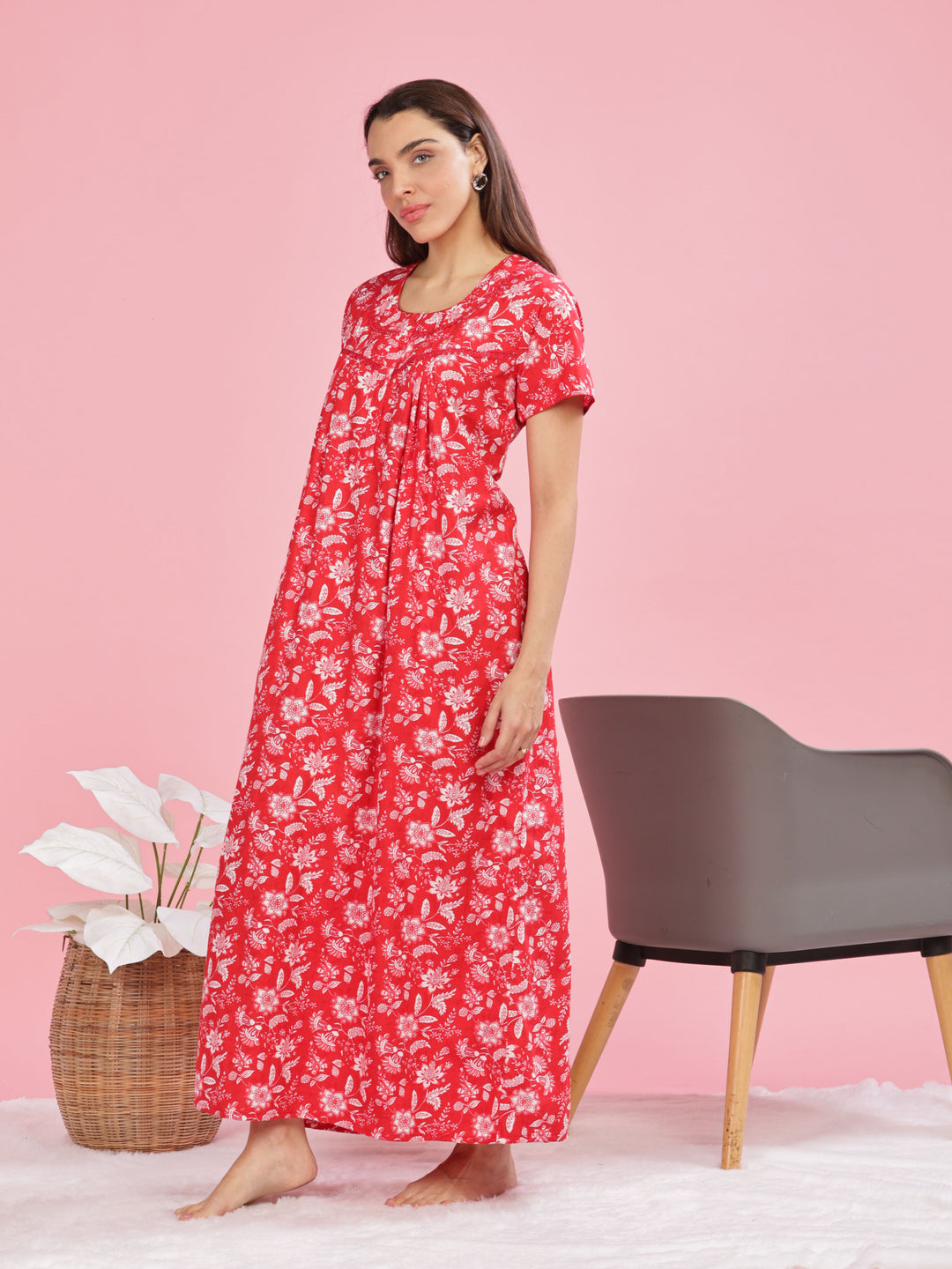 Red Printed Cotton Nighty for Women with Front Buttons