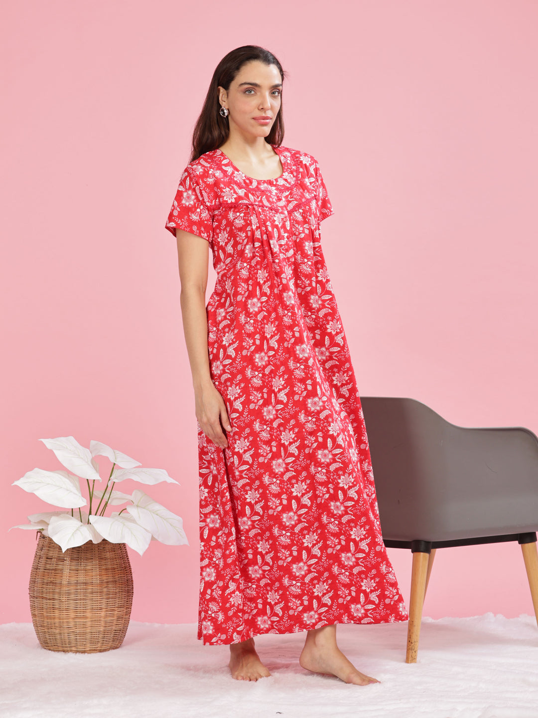 Red Printed Cotton Nighty for Women with Front Buttons