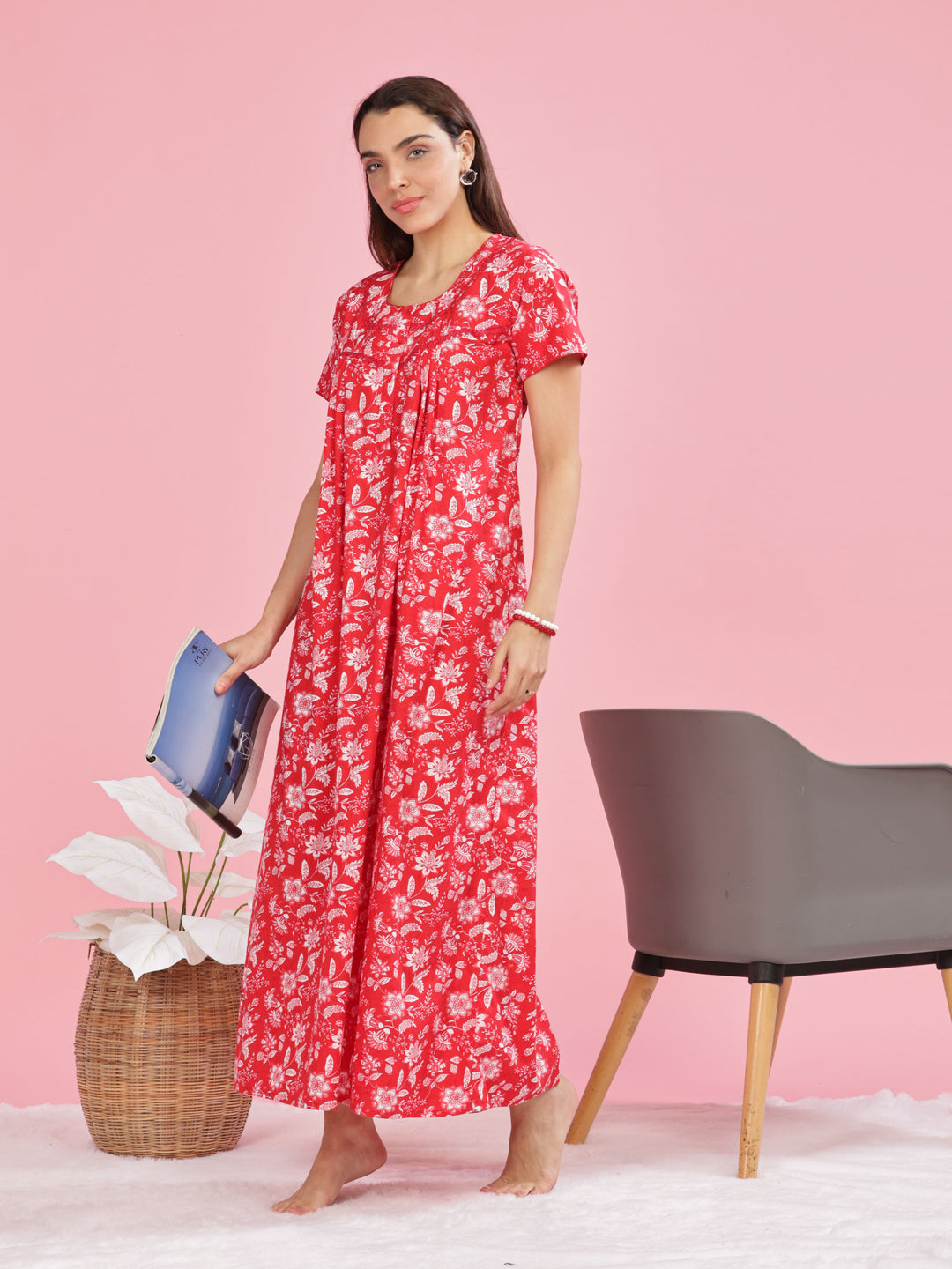 Red Printed Cotton Nighty for Women with Front Buttons