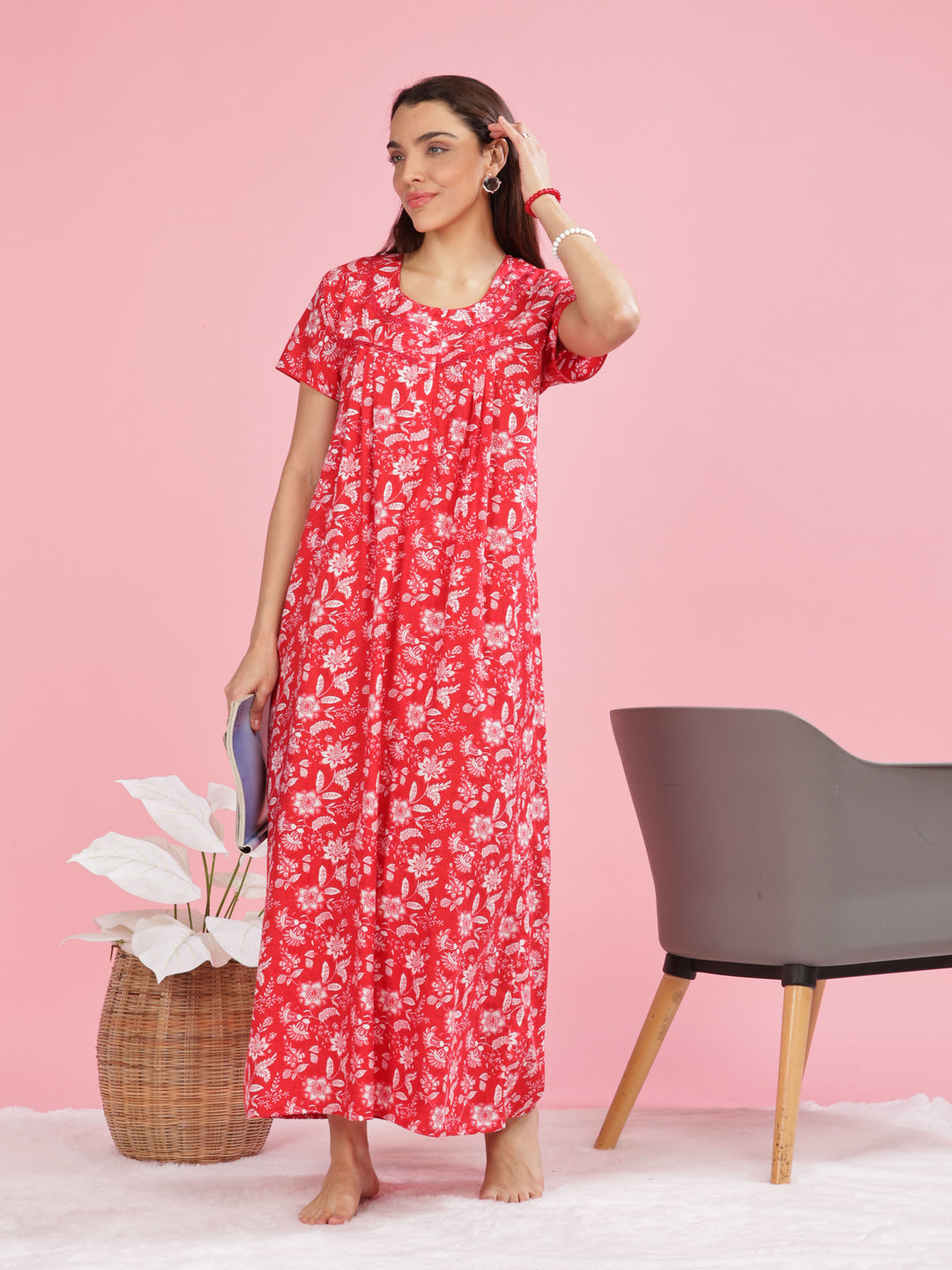 Red Printed Cotton Nighty for Women with Front Buttons