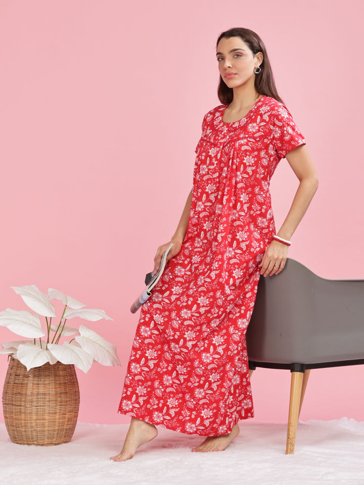 Red Printed Cotton Nighty for Women with Front Buttons