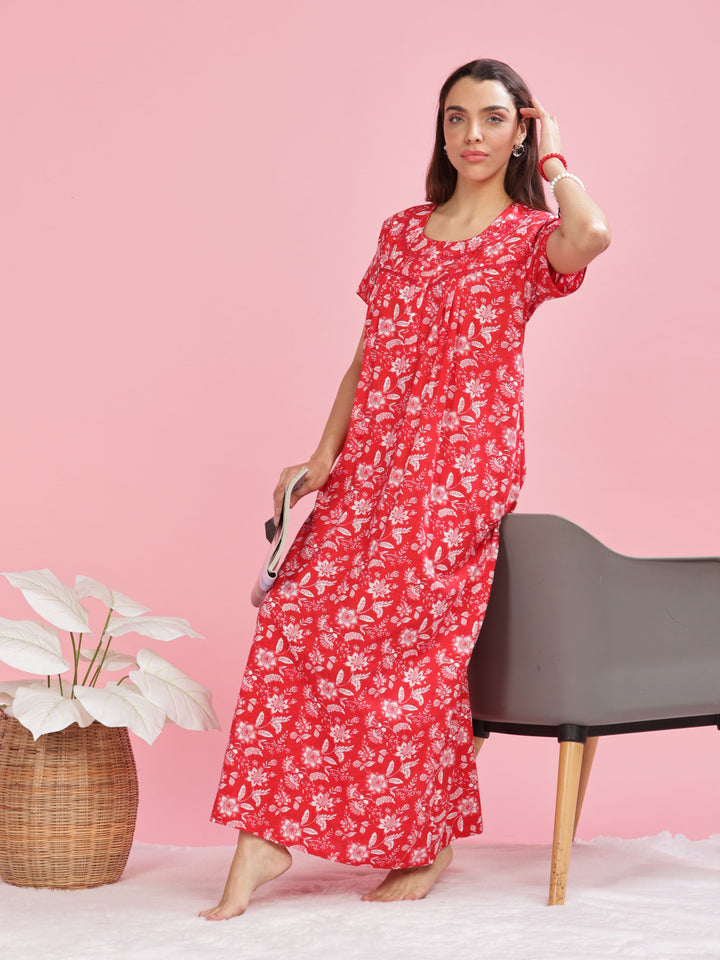 Red Printed Cotton Nighty for Women with Front Buttons