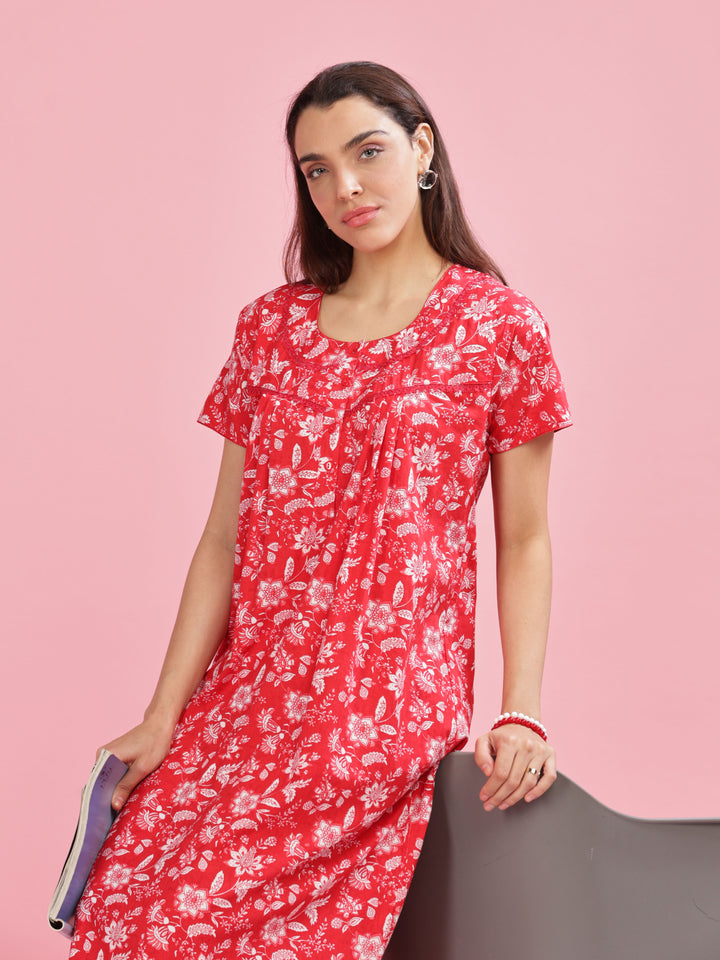 Red Printed Cotton Nighty for Women with Front Buttons