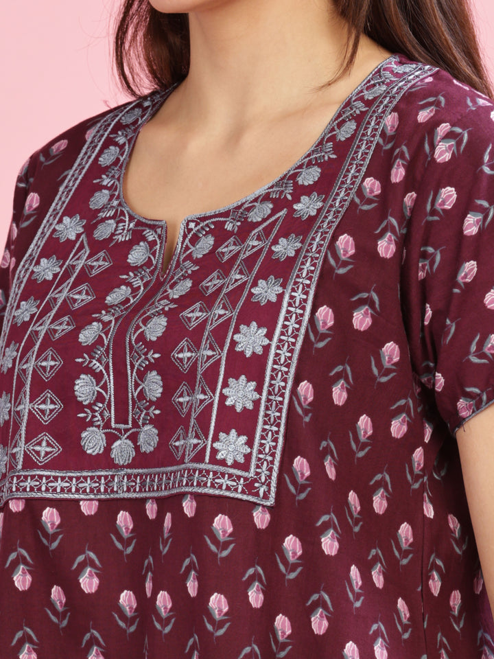 Maroon Pure Cotton Nighty with Elegant Embroidery Design