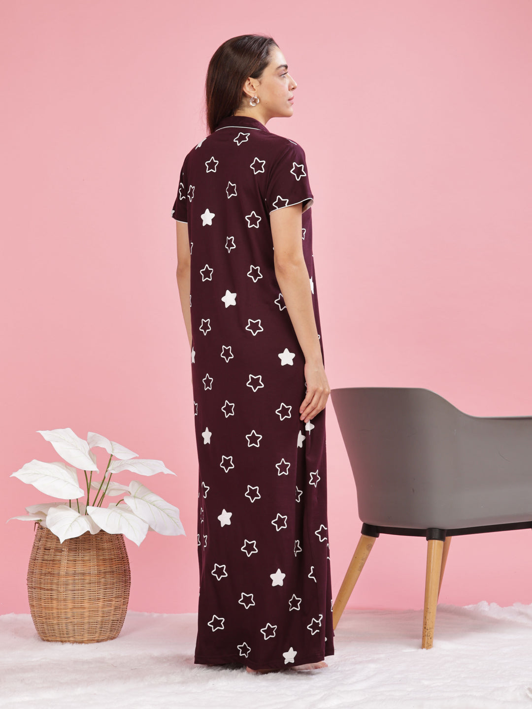 Burgundy Star Printed Maxi Nighty with Collar and Pocket for Women