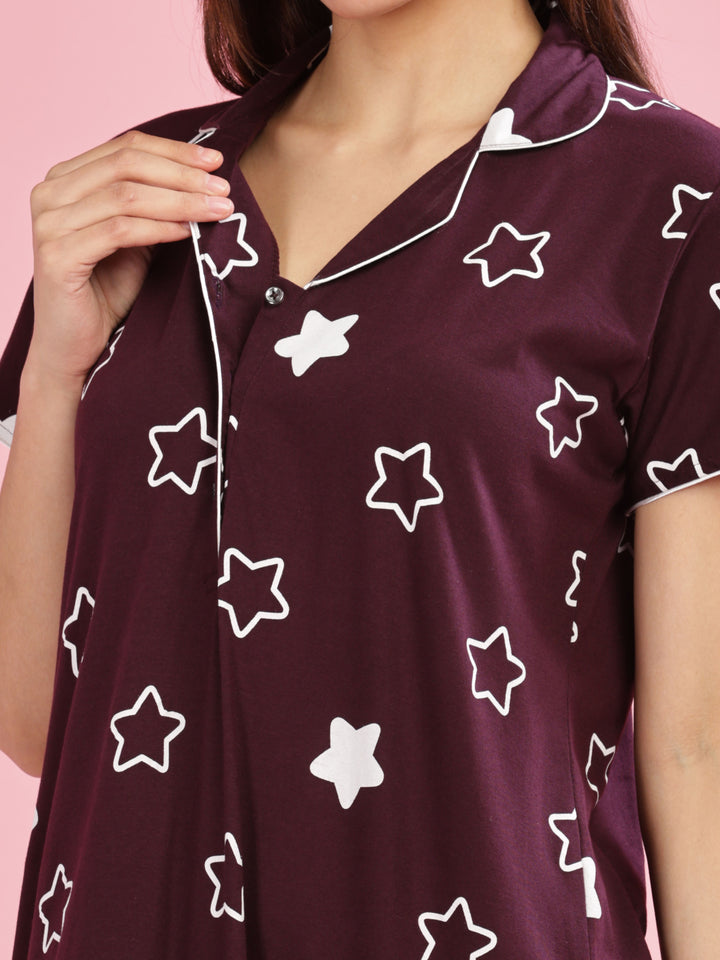 Burgundy Star Printed Maxi Nighty with Collar and Pocket for Women