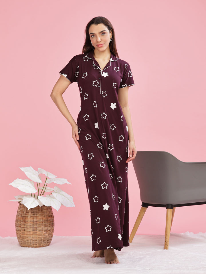 Burgundy Star Printed Maxi Nighty with Collar and Pocket for Women