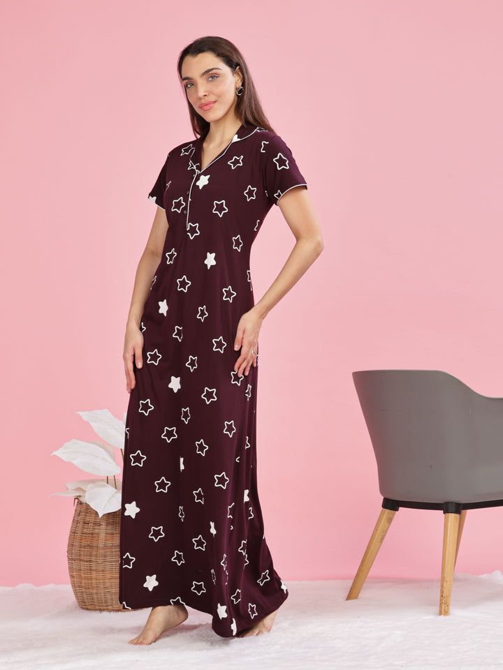 Burgundy Star Printed Maxi Nighty with Collar and Pocket for Women