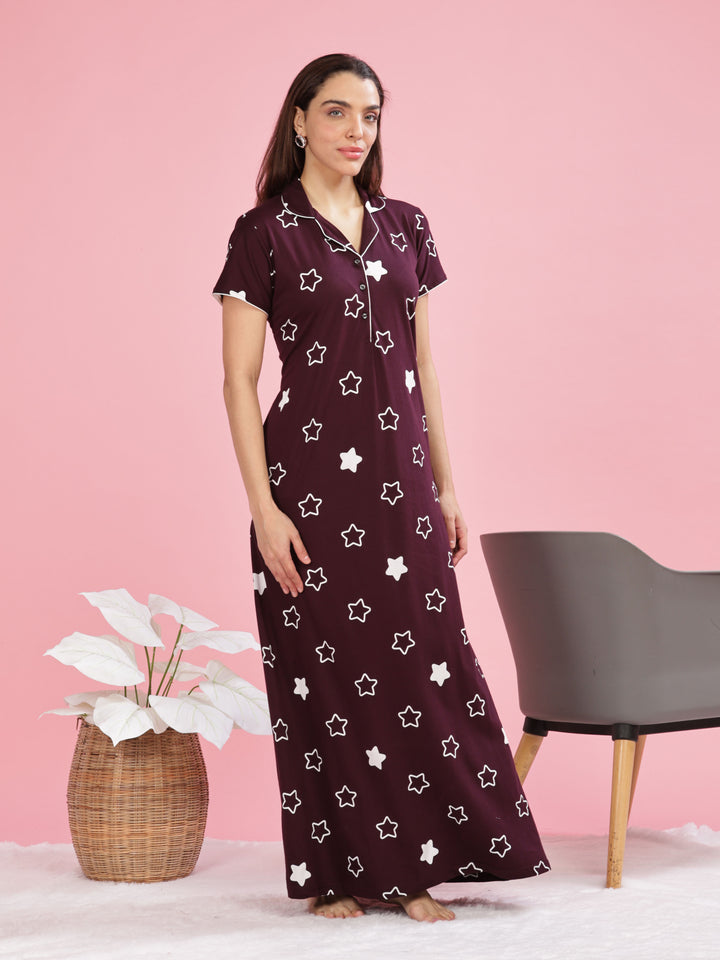 Burgundy Star Printed Maxi Nighty with Collar and Pocket for Women