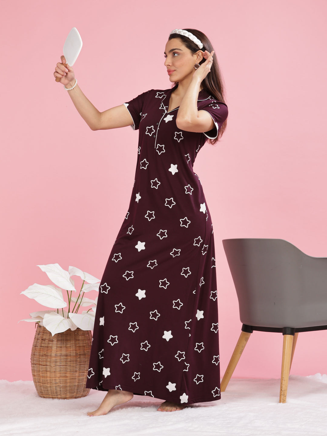 Burgundy Star Printed Maxi Nighty with Collar and Pocket for Women