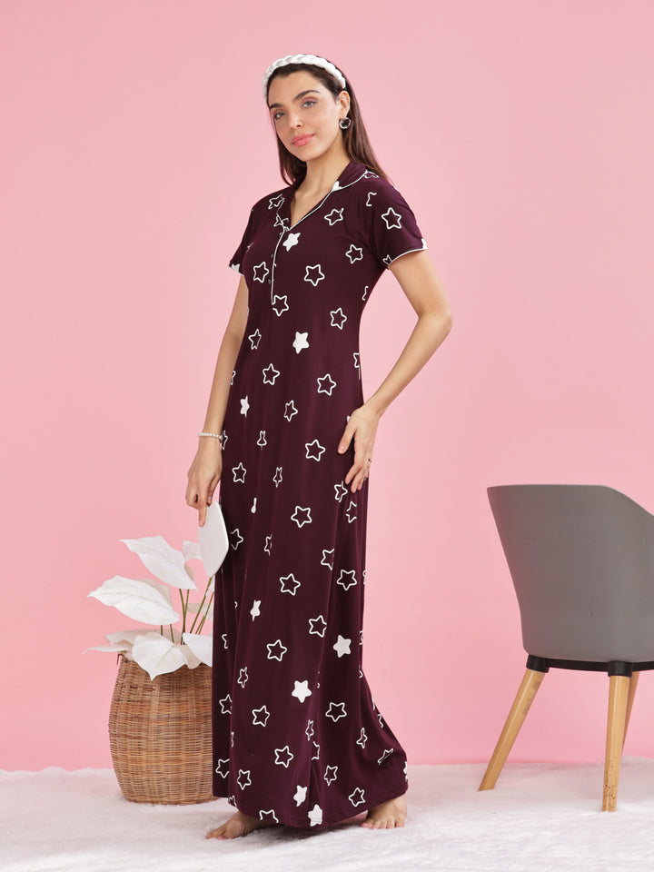 Burgundy Star Printed Maxi Nighty with Collar and Pocket for Women