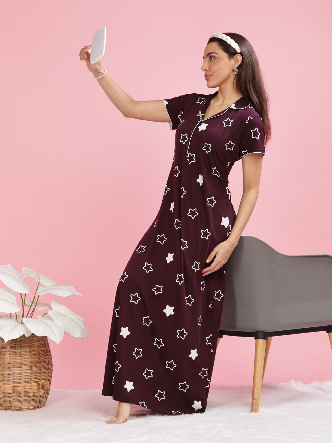 Burgundy Star Printed Maxi Nighty with Collar and Pocket for Women