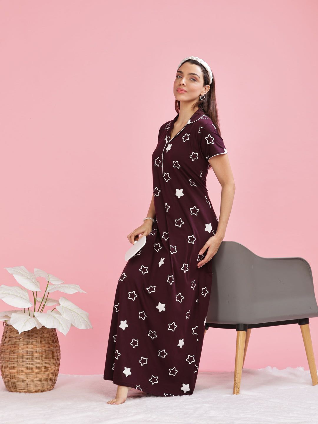 Burgundy Star Printed Maxi Nighty with Collar and Pocket for Women