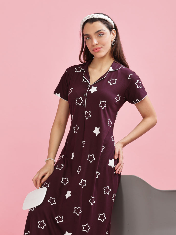 Burgundy Star Printed Maxi Nighty with Collar and Pocket for Women